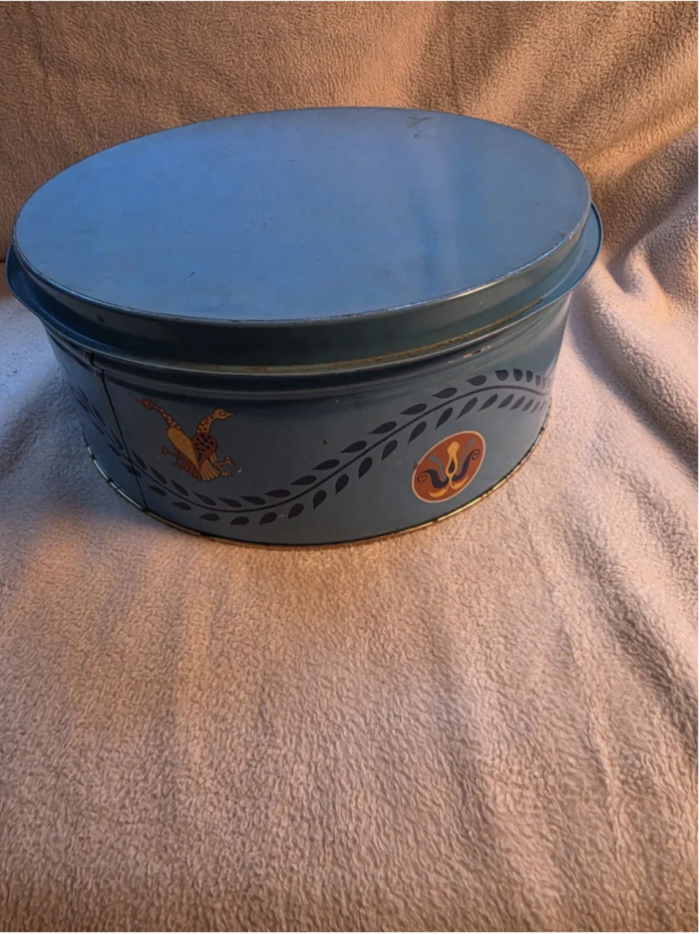 Vintage 1970s Pennsylvania Dutch Blue Metal Cookie Tin Tray Lid Folk Art Amish